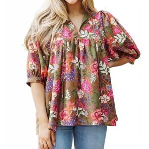 J. Marie Women Cotton Top Small Green Floral Peacock Babydoll Tassel Preppy Boho